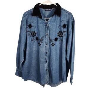 Cotton Work Vintage Denim Button Down Shirt L Velvet Embroidery Coastal Grandma
